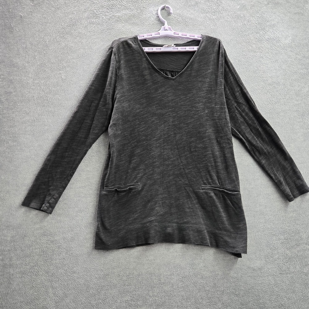 J Jill Women Sweater L Gray Tunic Button V-Neck Pullover